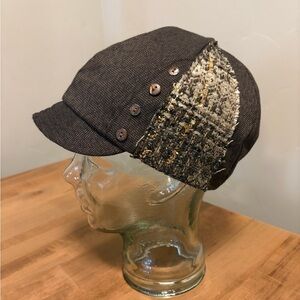 Gypsy & Lolo Newsboy Style Hat Button Accents/Tweed Panel Cotton/Wool Blend